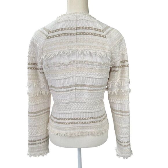 Club Monaco Textured White & Beige Fringe Tweed Collarless Jacket Zip Front Sz 6 - Picture 3 of 10